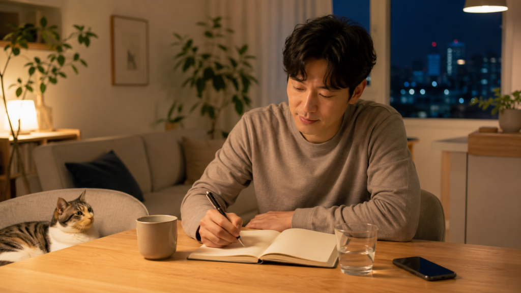 저녁 시간 집에서 노트에 루틴을 적으며 하루를 정리하는 30대 남성과 고양이의 이미지