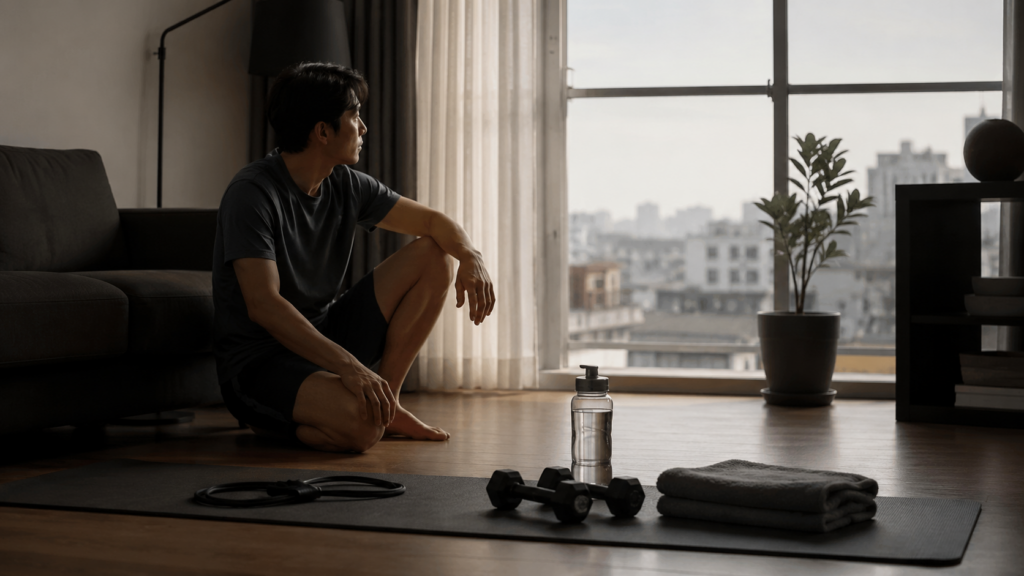 운동 매트와 덤벨이 놓인 공간에서 몸 관리를 준비하는 30대 남성의 이미지
