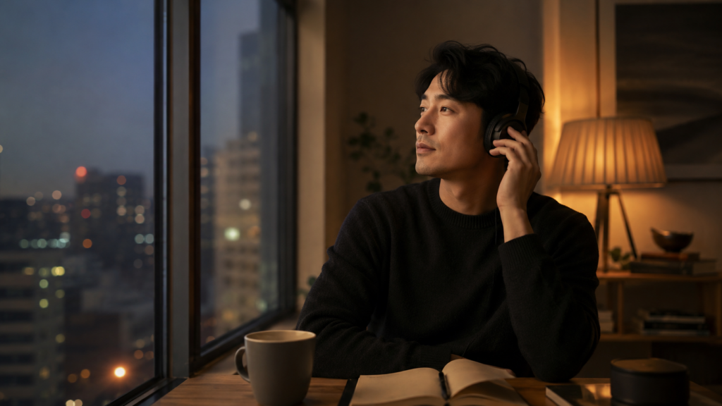 저녁 창가에서 음악을 들으며 생각에 잠긴 30대 남성의 감성적인 이미지