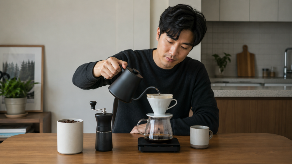 드리퍼와 서버, 그라인더를 놓고 집에서 커피를 내리는 30대 남성의 이미지