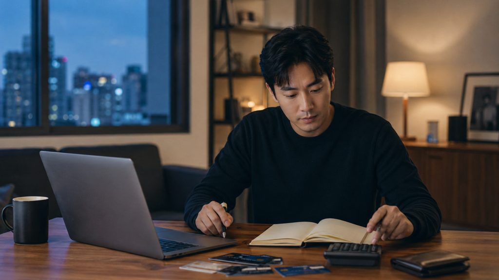 노트와 계산기, 카드, 노트북 앞에서 월급 관리 계획을 세우는 30대 남성의 이미지