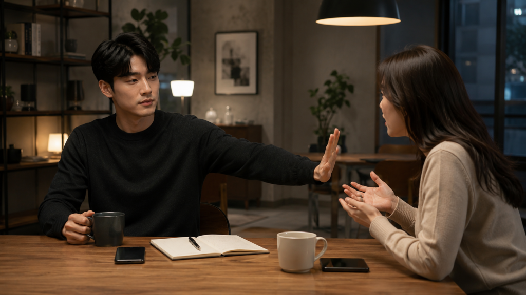 카페에서 대화 중 차분하게 선을 지키는 태도를 보이는 남성과 상대방의 이미지
