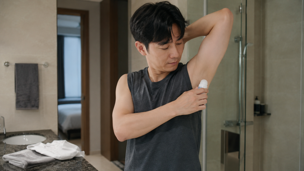 샤워 후 마른 겨드랑이에 발한억제제를 사용하는 30대 남성