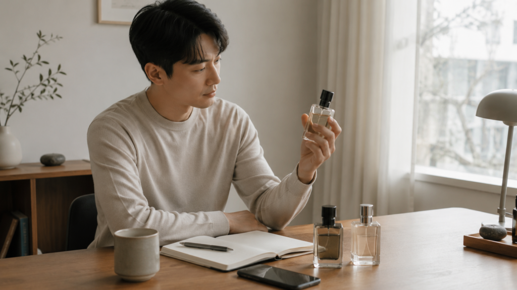 책상 위 향수병을 보며 일상에 맞는 향수를 신중하게 고르는 30대 남성의 이미지