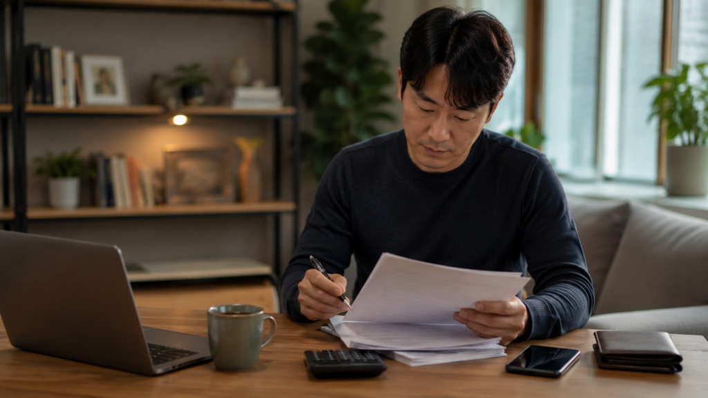 계산기와 서류를 보며 3개월치 생활비와 비상금 기준을 계산하는 30대 남성의 이미지