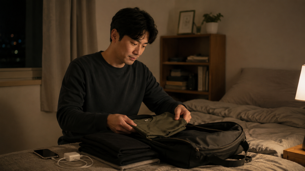 밤에 내일 입을 옷과 가방을 정리하며 월요일 아침을 준비하는 30대 남성의 이미지