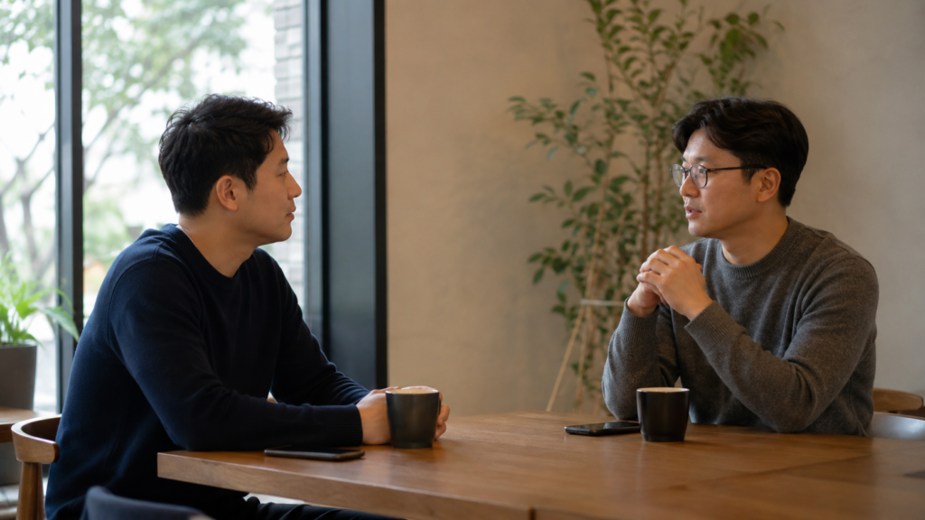 조용한 실내에서 서로의 경계를 존중하며 차분히 대화하는 두 30대 남성의 이미지