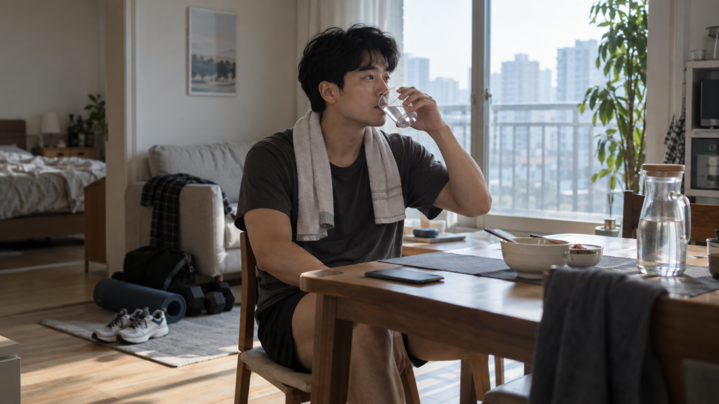 술자리 다음 날 수면과 운동 등 자신의 몸 상태를 확인하는 30대 남성