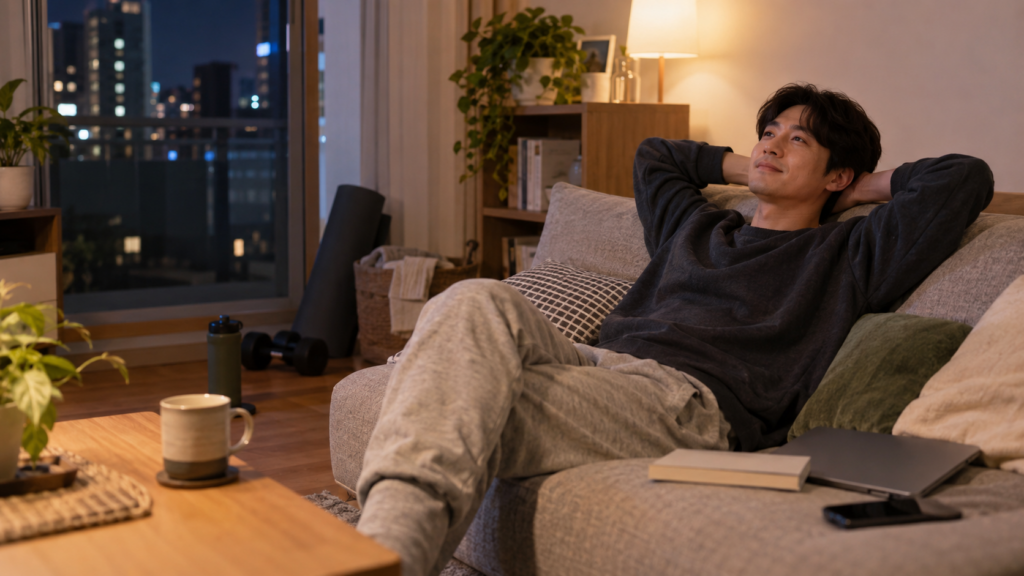 해야 할 일과 휴식 시간을 조절하며 집에서 쉬는 30대 남성