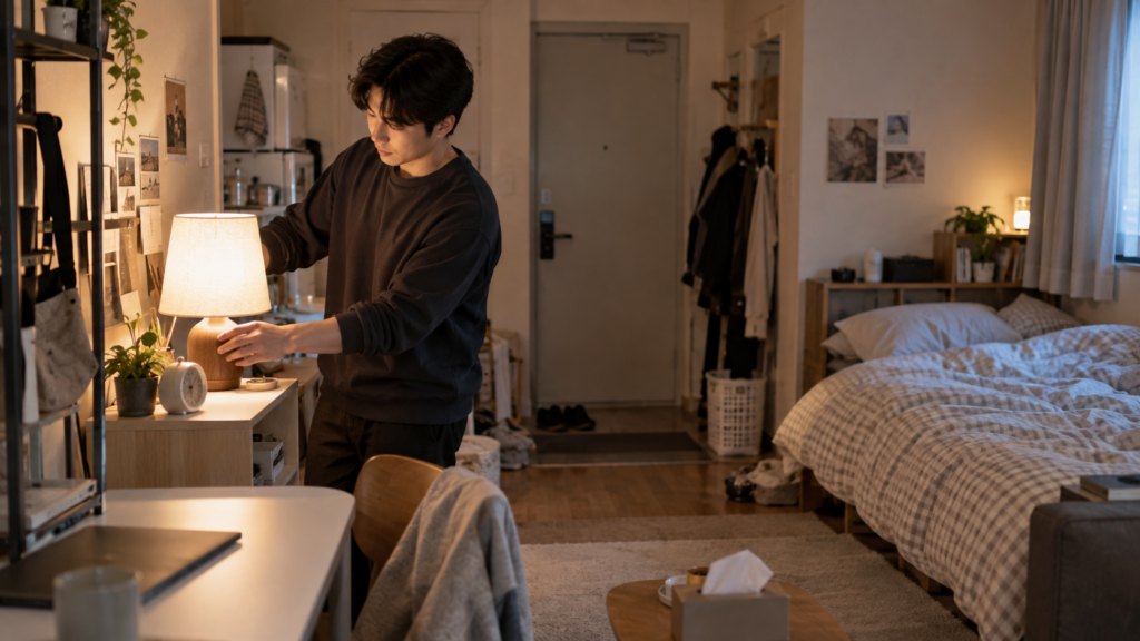 이사할 때 가져갈 수 있는 실용적인 인테리어 물건으로 집을 꾸미는 30대 남성